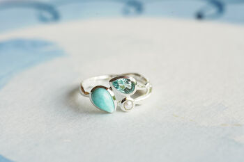 Larimar, Blue Topaz And Freshwater Pearl Trio Ring, 6 of 8