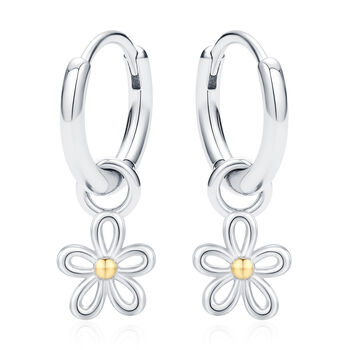 Sterling Silver Daisy Flower Charm Hoop Earrings, 8 of 12