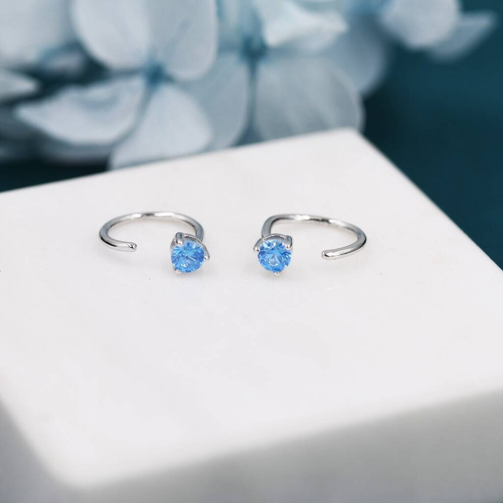 Aquamarine Blue Cz Crystal Huggie Hoop Earrings By Silver Rain Silver