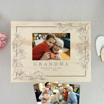 Personalised Lily Photo Memory Box In Natural Wood For Bereavement And Memorial Gift, 5 of 12