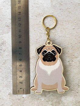 Pug Dog Wooden Keyring With Optional Christmas Card, 8 of 8