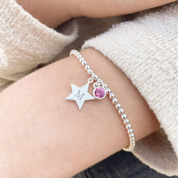 Sterling Silver Clasp Bracelet Personalised Mini Star And Birthstone, 3 of 9