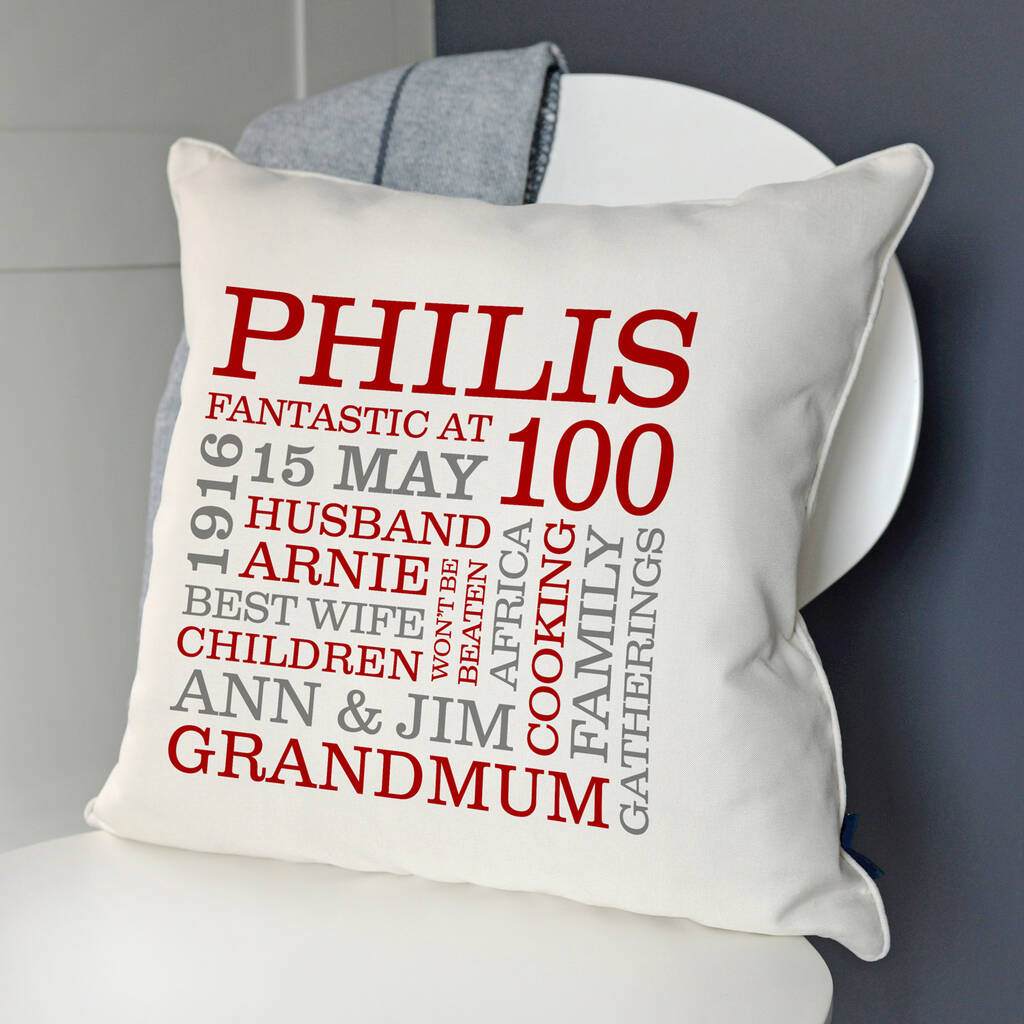 Personalised 100th Birthday Word Art Cushion, 1 of 9