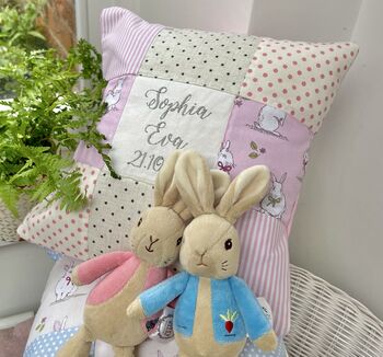 Personalised Blue And Grey Bunny Name Cushion, 3 of 10