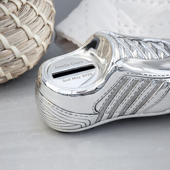 Personalised Silver Plated Football Boot Money Box, 2 of 3