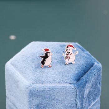Mismatched Penguin And Snowman With Christmas Hat Stud Earrings In Sterling Silver, 4 of 12