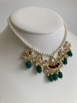 Alia 18 K Gold Plated Emerald And Red Pearl Set, 5 of 5