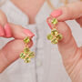 Green Peridot Clover Gold Plated Silver Stud Earrings, thumbnail 2 of 12