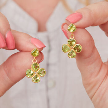 Green Peridot Clover Gold Plated Silver Stud Earrings, 2 of 12