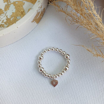 Sterling Silver Personalised Initial Love Heart Charm Stacking Stretch Bead Ring, 2 of 6