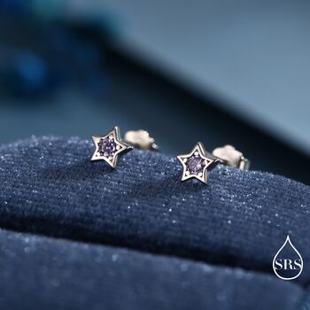 Tiny Amethyst Purple Cz Star Stud Earrings In Sterling Silver, 3 of 12