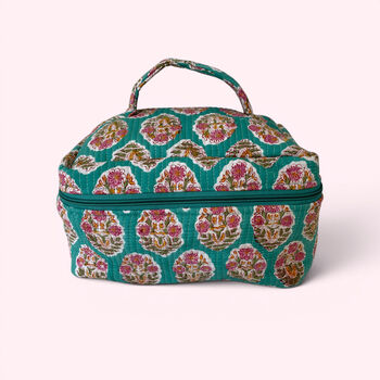 Vanity Bag | Quilted Cotton Toiletry Bag | Turquoise Floral Block Print, 5 of 5