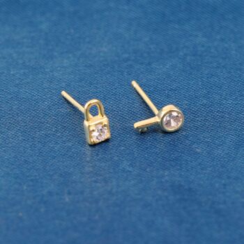 Small Padlock And Key Cz Stone Stud Earrings, Gold, 6 of 8