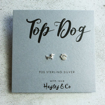 Sausage Dog And Paw Print Silver Earrings, 3 of 12