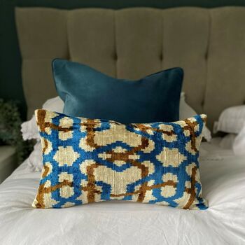Trellis Pattern Velvet Cushion In Blue, 2 of 3