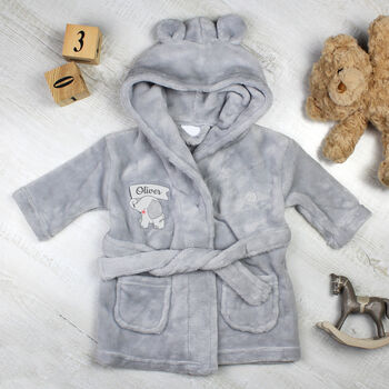 Personalised Elephant Grey Hooded Baby Dressing Gown, 3 of 4