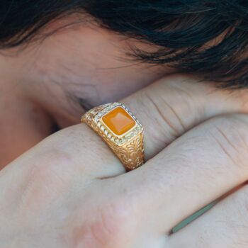 Mens Ring Orange Quartz Silver Gemstone Ring For Men, 7 of 11