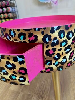 Pink Leopard Print Round Wooden Side Table With Drawer, 9 of 10