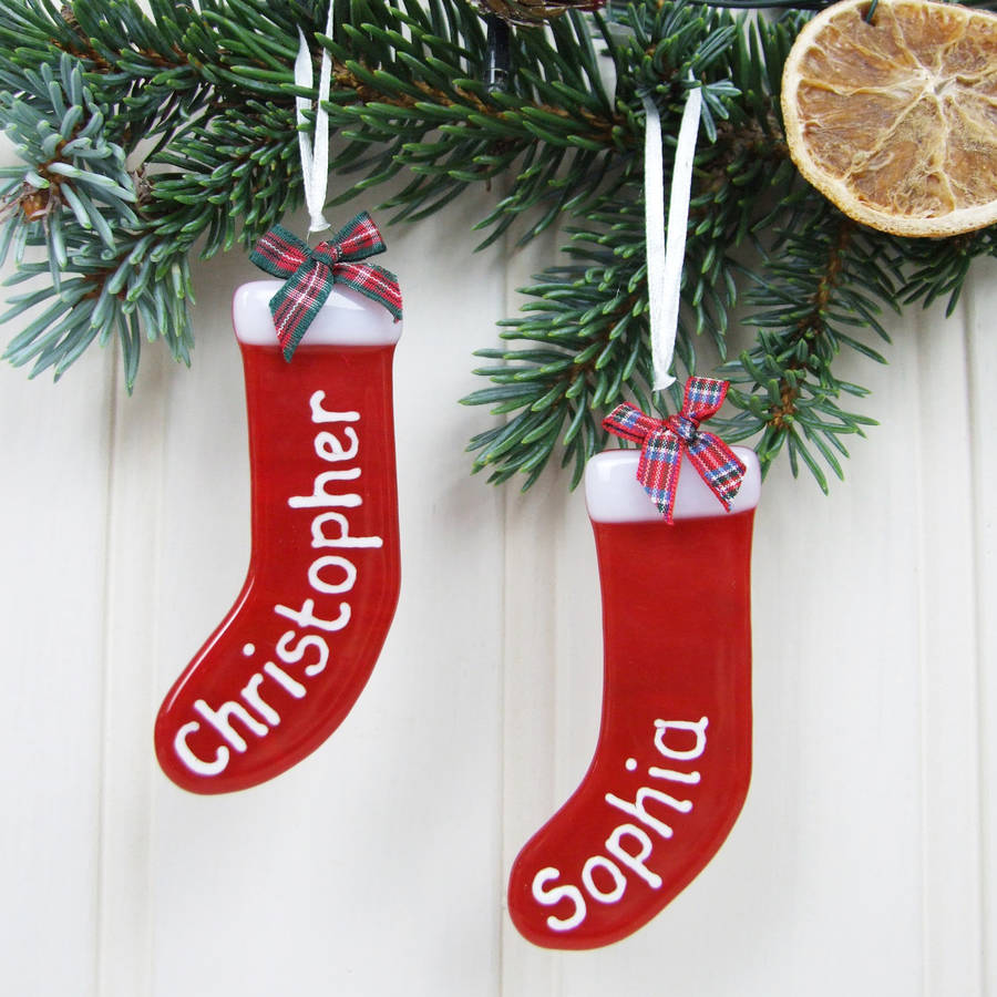 handmade personalised glass stocking tree decoration by jessica
