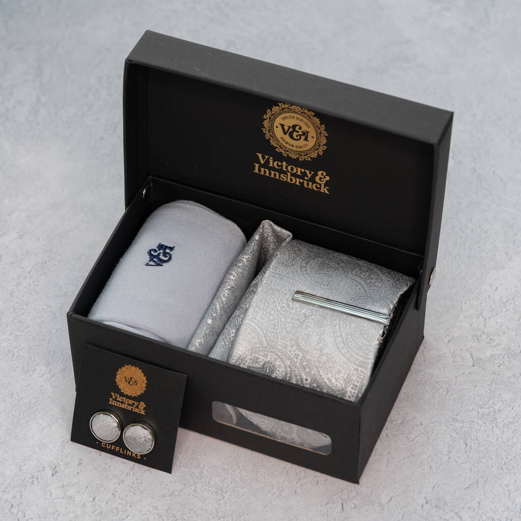 Silver Wedding Tie Set And Socks Groomsmen Gift For Him, 1 of 10