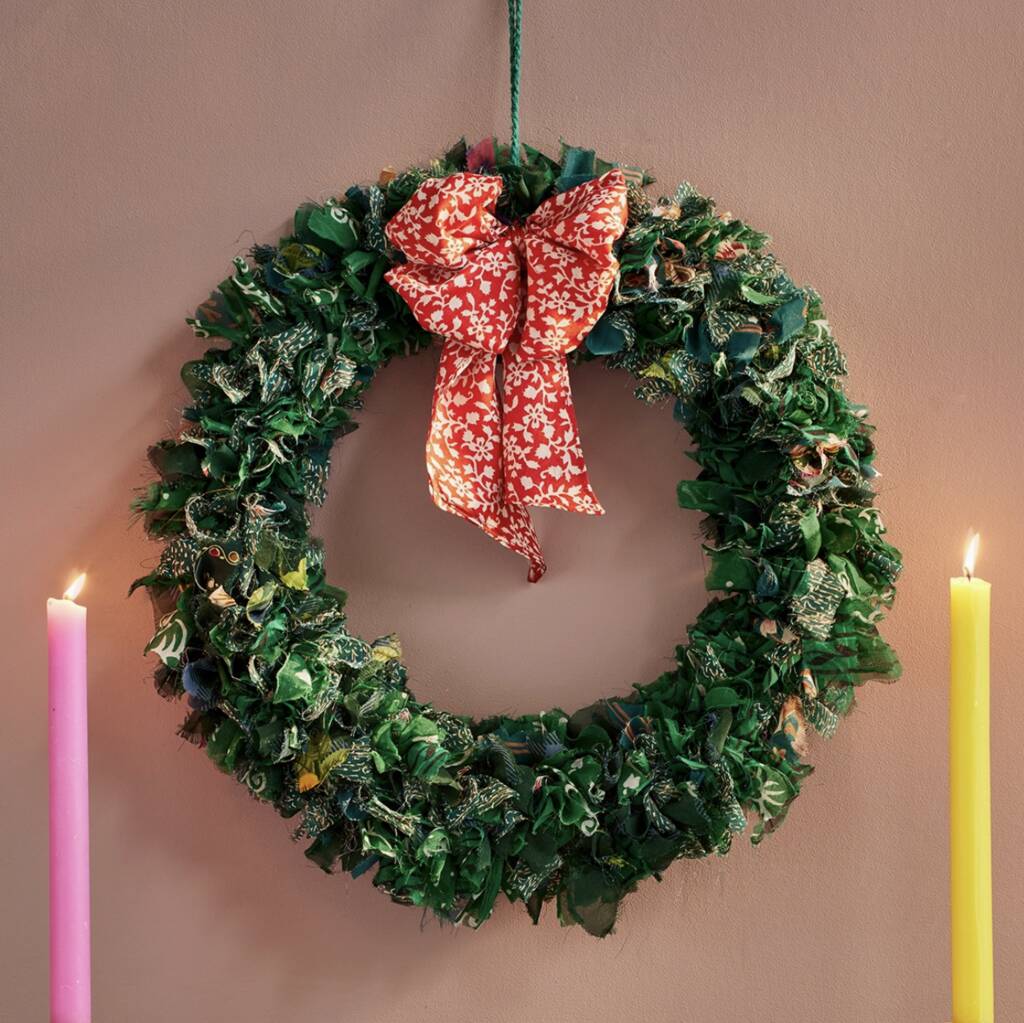 Recycled Sari Green Wreath With Bow, 1 of 2