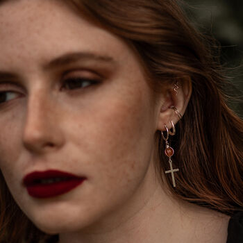 Mini Silver Hoop And Orange Aventurine Cross Earrings, 2 of 4