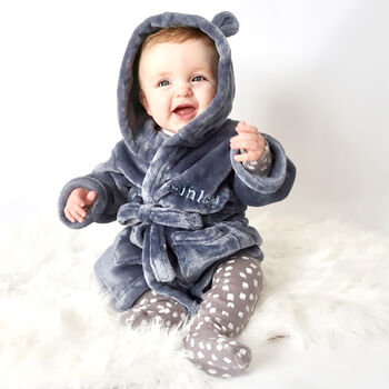 Personalised Dusty Blue Baby Dressing Gown, 8 of 8