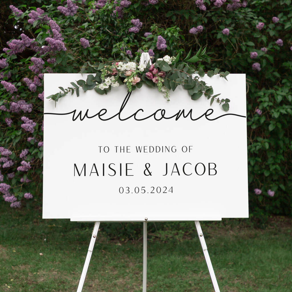 Minimal Script Personalised Wedding Welcome Sign, 1 of 4