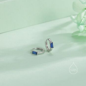 Sterling Silver Sapphire Blue Single Baguette Cut Cz Huggie Hoop, 6 of 12