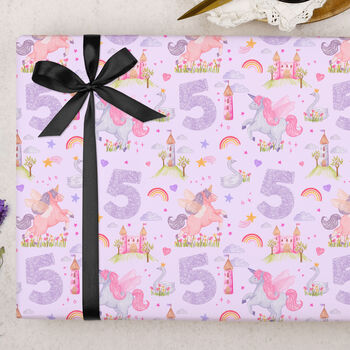 Three Sheets Of Children's 5th Birthday Unicorn Wrapping Paper, 2 of 2