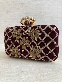 Maroon Velvet Handcrafted Rectangular Clutch Bag, 5 of 10