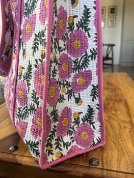 Block Print Quilted Tote Bag, Indian Print Handbag Pink, Black, 4 of 10