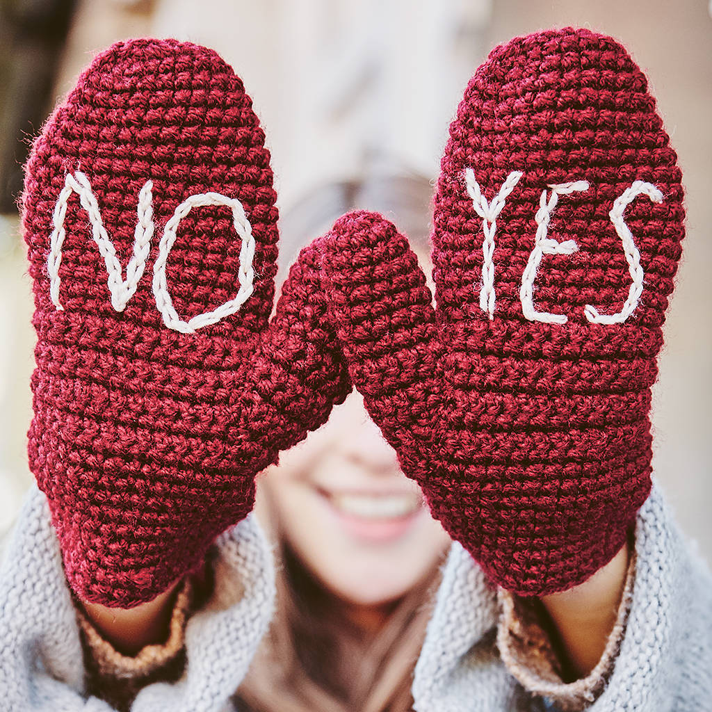 Handmade Yes No Embroidered Mittens, 1 of 8