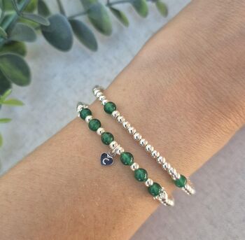 Sterling Silver May Emerald Personalised Heart Bracelet Set Of Two Stacking Bracelets: May Birthstone Stacking Jewellery, 4 of 7