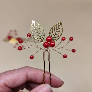 Red Berry And Gold Leaf Christmas Hair Pin Set – 3pcs, 5 of 12