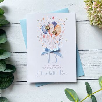 Personalised 13th Birthday Card, Blue Balloon Design, 2 of 5