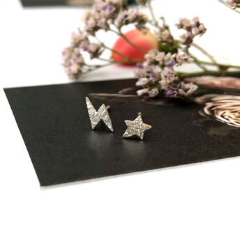 Sterling Silver Mini Textured Lightning Bolt And Star Mismatched Christmas Earrings, 10 of 11