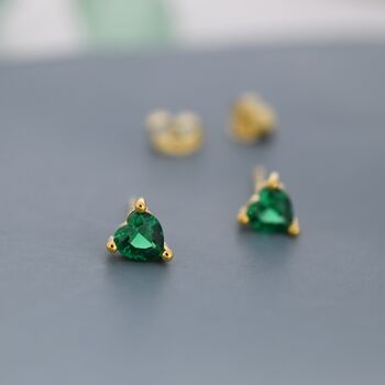 Sterling Silver Tiny Emerald Green Cz Heart Stud Earrings, 4 of 12