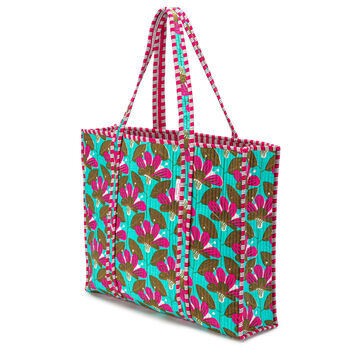 Serendipity Cotton Quilted Tote Bag Turquoise Blossom, 3 of 4