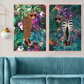 Zebra In Heels In Tropical Flower Jungle Wall Art Print, 4 of 7