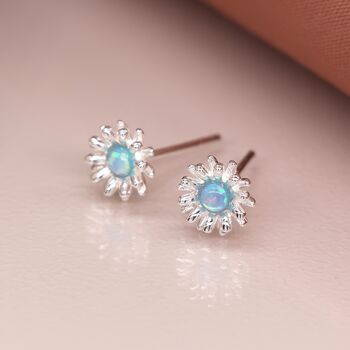 Sterling Silver Blue Opal Daisy Stud Earrings, 2 of 7