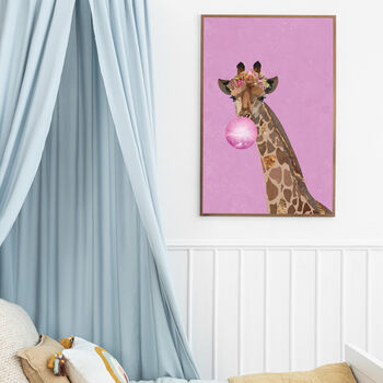 Pink Giraffe Bubble Gum Blowing Wall Art Print, 3 of 9