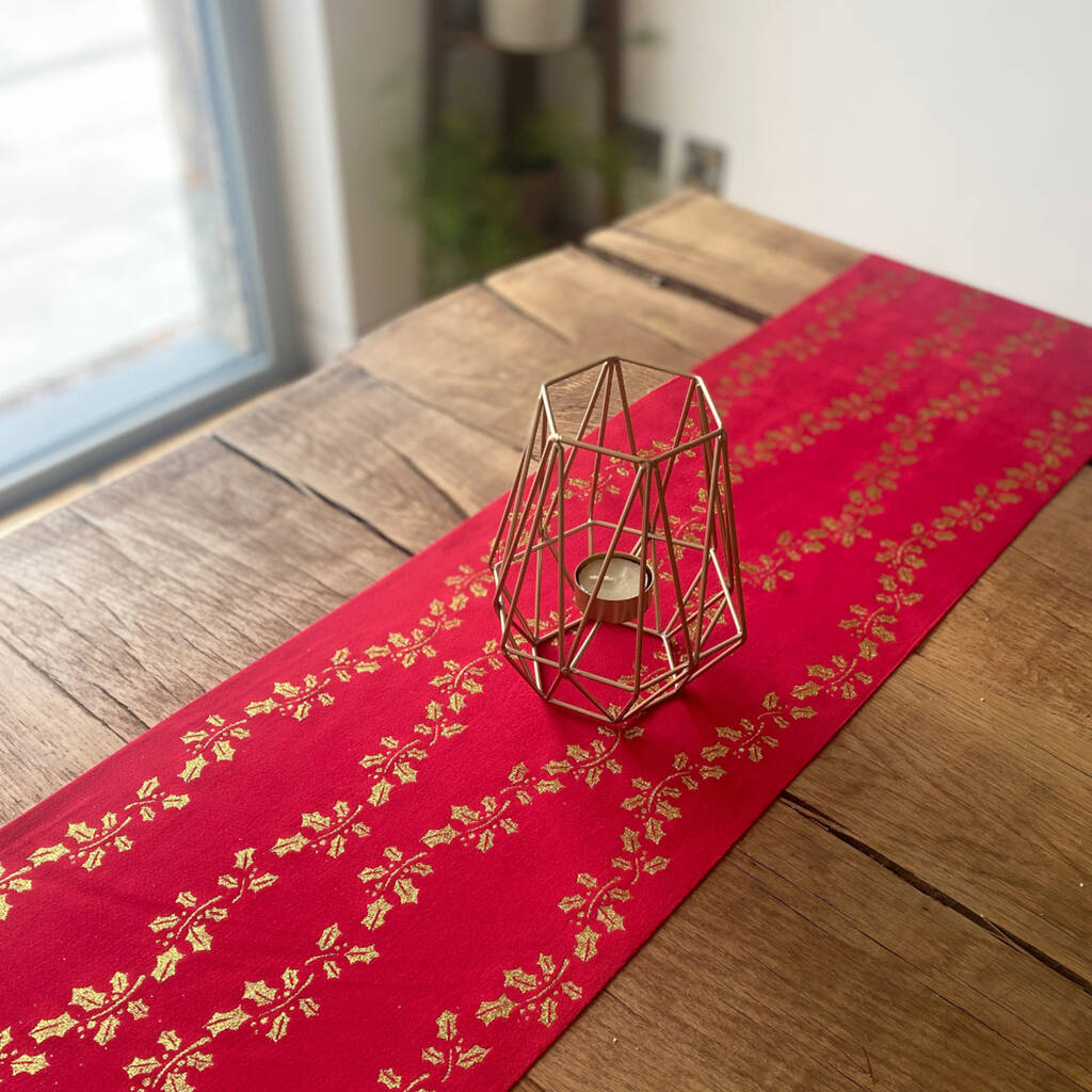 Christmas Holly Table Runner Red Gold Velvet Festive Decoration 3m, 1 of 4