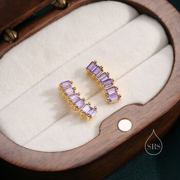 Sterling Silver Amethyst Purple Baguette Cz Stud Earrings, 3 of 11