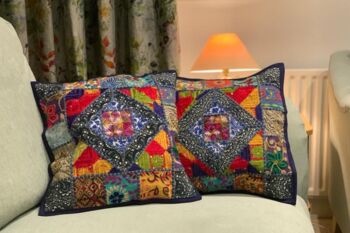 Handmade Indian Patchwork Cushion Cover Blue, 6 of 7
