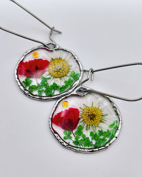 Real Daisies Mini Red Poppies Silver Earrings Small Hand Made, 2 of 10