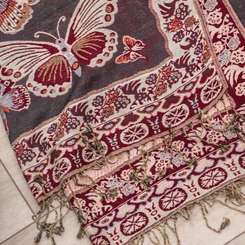 Burgundy Scatter Butterfly Pashmina With Tassels, 2 of 2