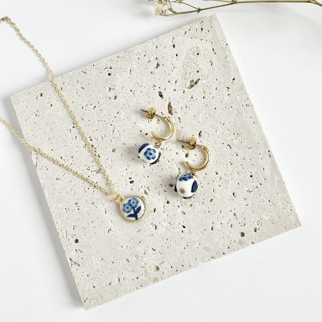 Handmade Clay Blue Floral Earring And Necklace Gift Set, 1 of 5
