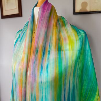100% Mulberry Silk Scarf, Light Green And Rainbow, 2 of 9