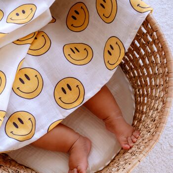 Muslin Swaddle Baby Shower Blanket Smiley, 2 of 9